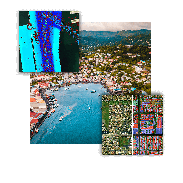 A collage of images showing AI and GIS technologies at work, identifying objects in imagery