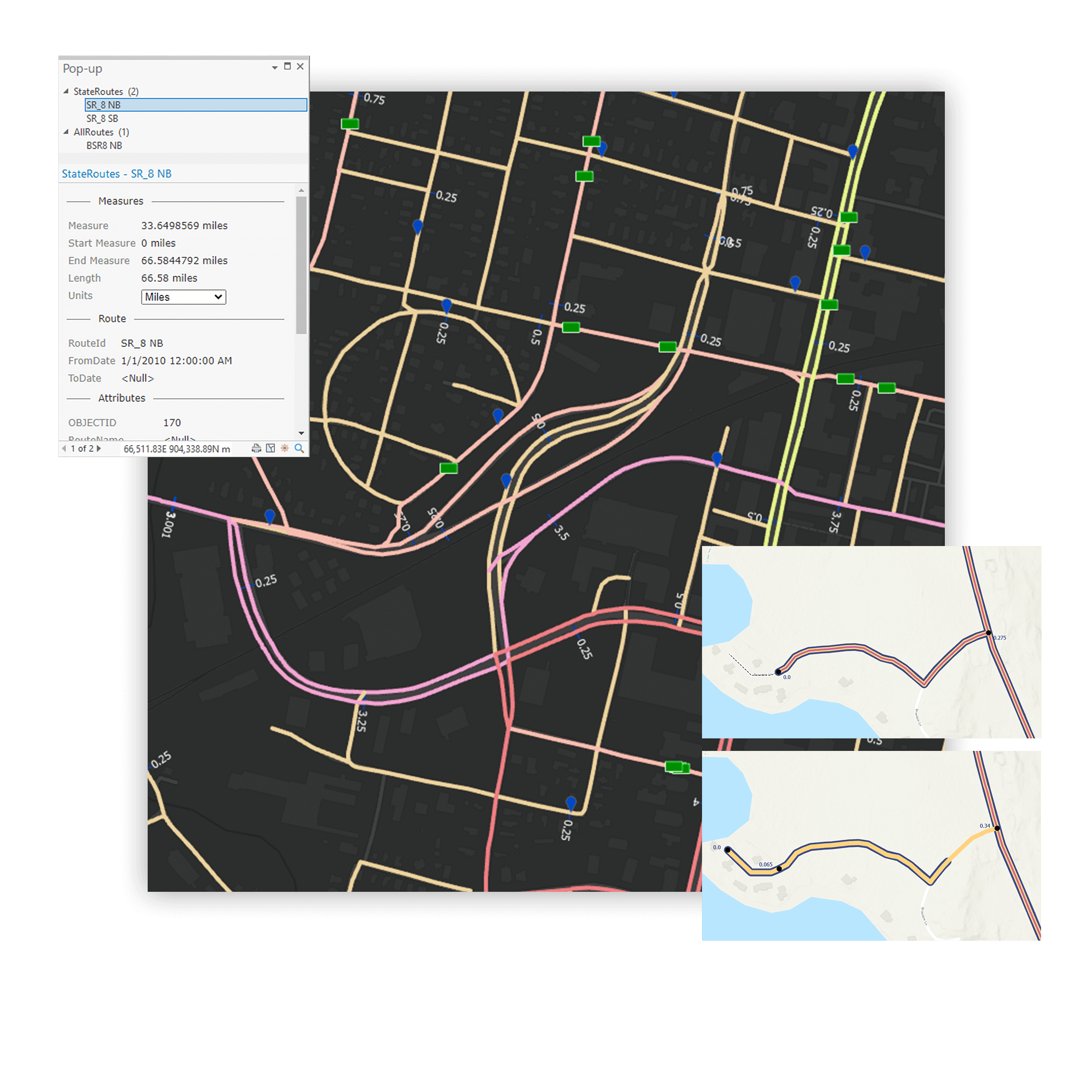 Map displaying a multicolored road grid, overlaid with a photo of a highway interchange, a map key, and an interactive slider