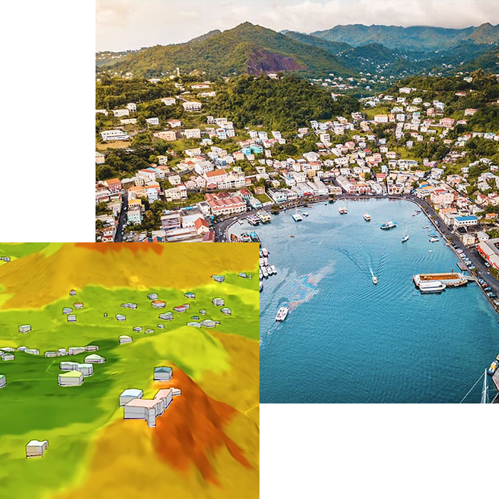 An elevation map where geospatial artificial intelligence tools have identified buildings endangered by landslides, against a backdrop of an island port with green mountains