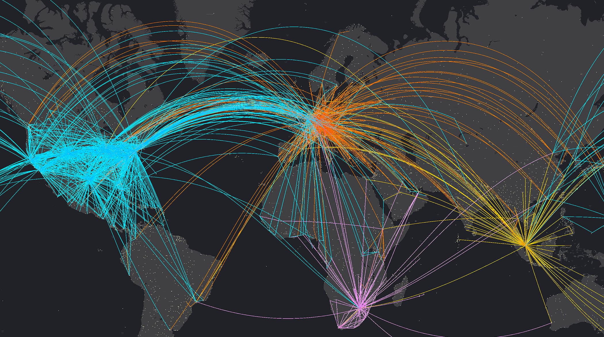 A grey scale map of the world with colored lines connecting various points