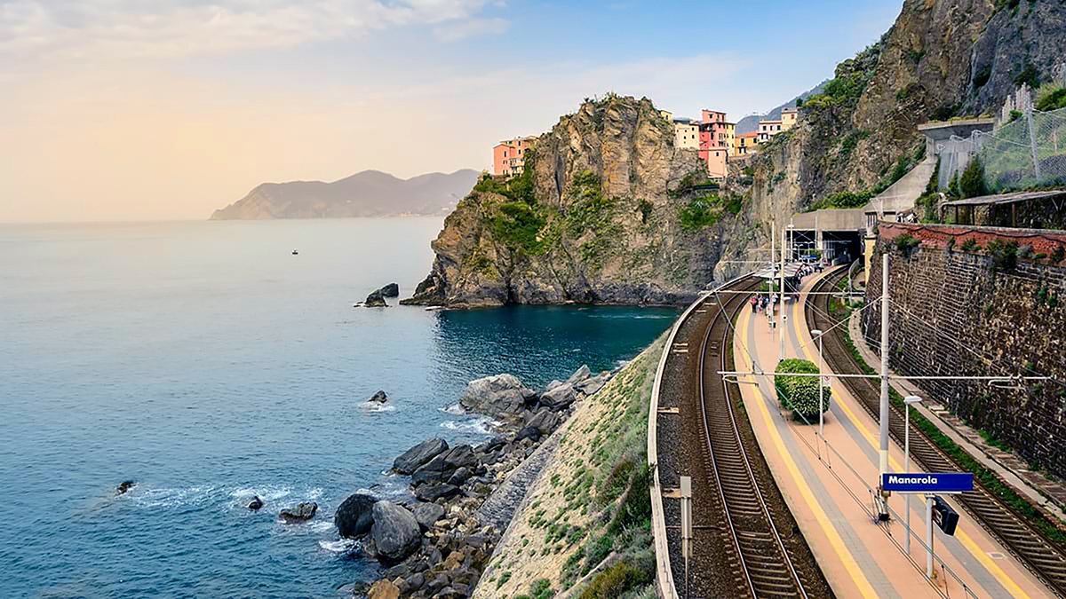 A rail line along the coastline in Italy