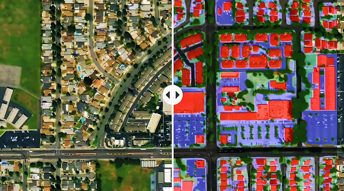 Aerial imagery of a neighborhood with half of the image showing AI object recognition graphics identifying homes