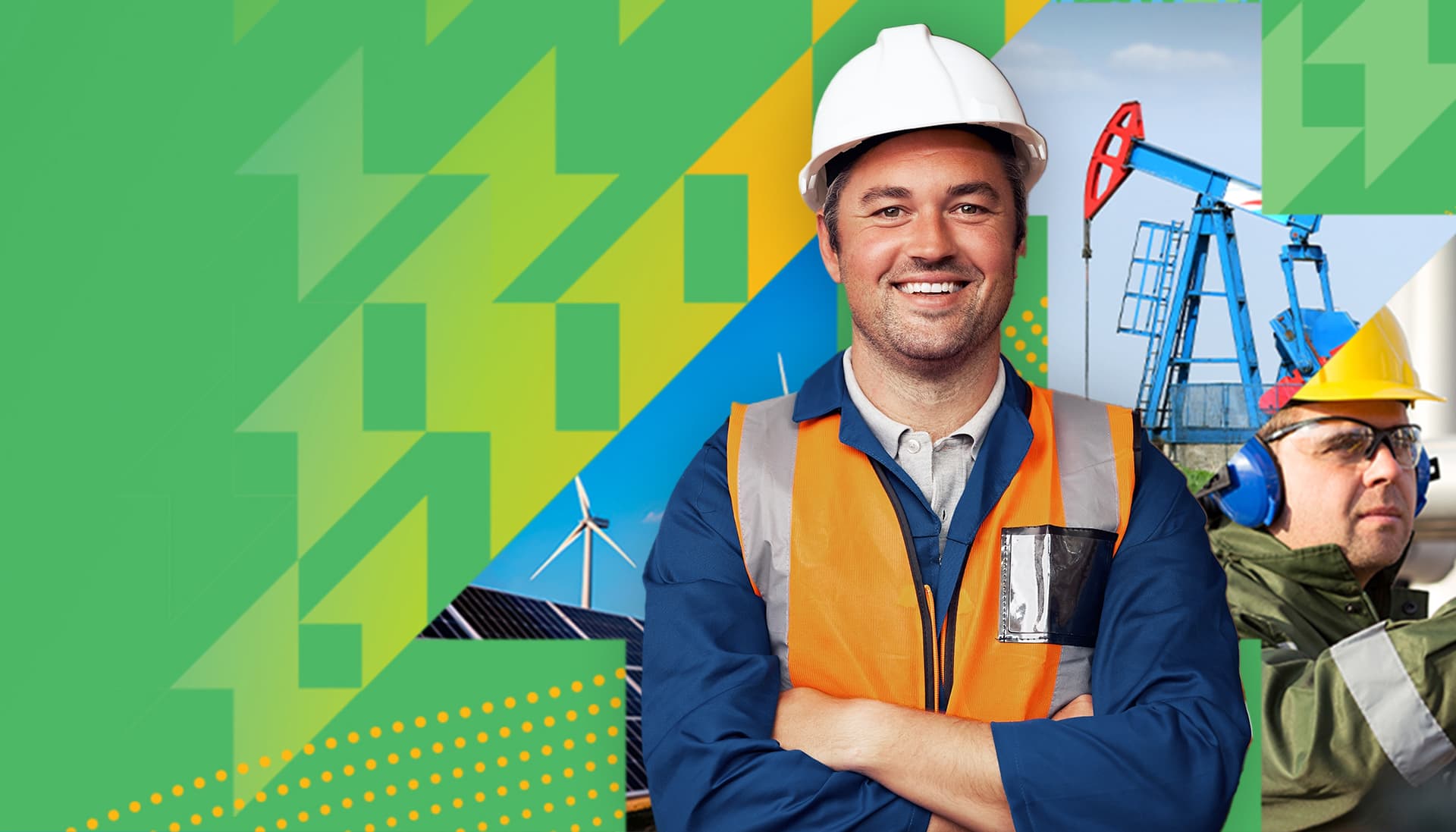 An photo collage of a man wearing a hardhat and safety vest, wind turbines, a man in safety glasses and ear protection, and a pumpjack