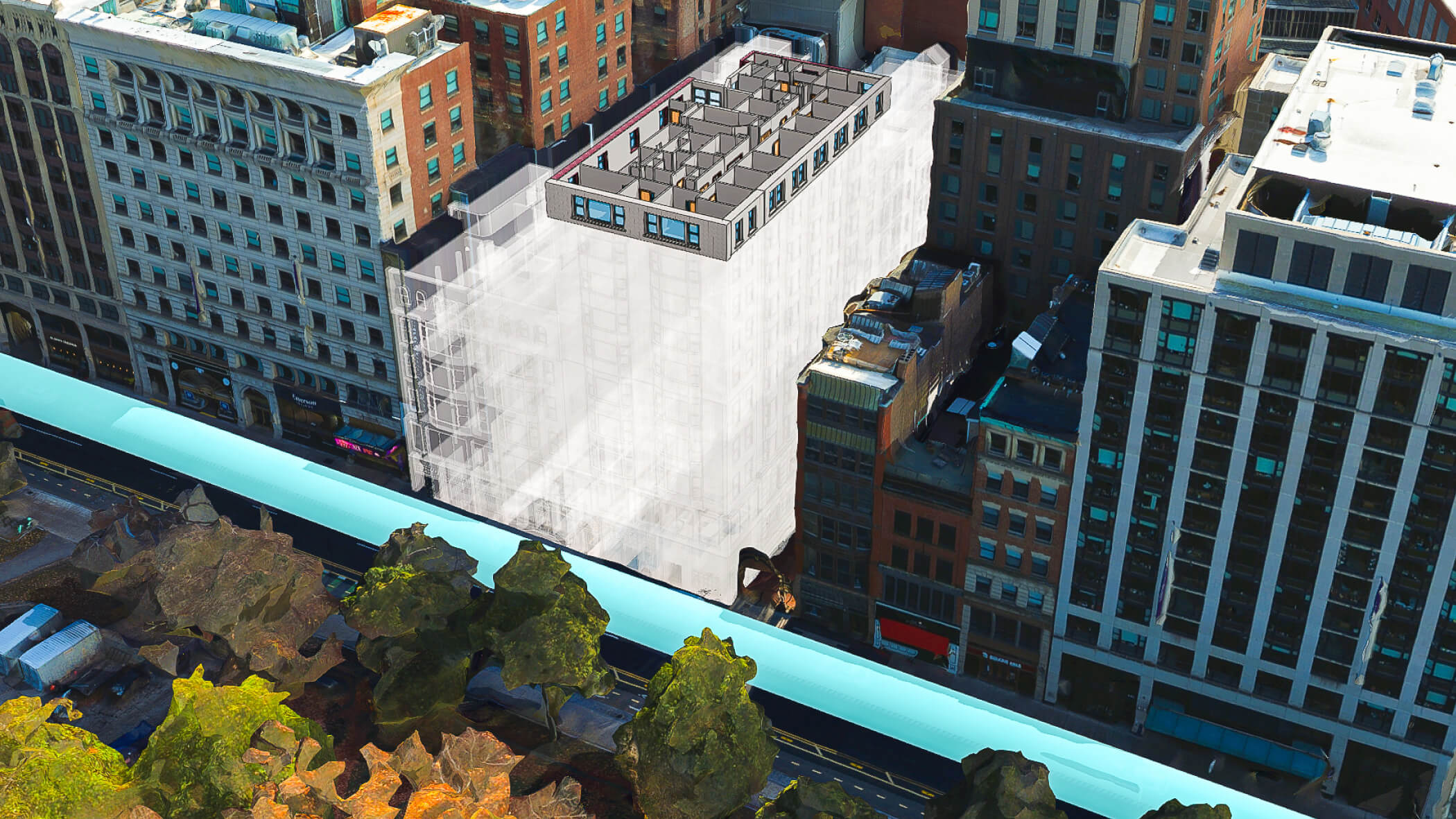 3D building model with many floors topped with a 3D room layout, set in a white frame against a blurred city background