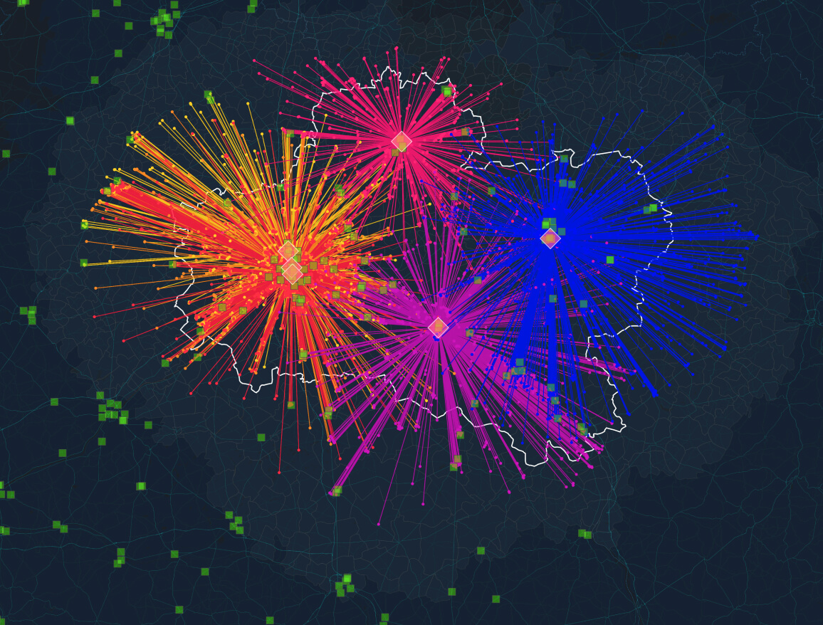 Colorful supply chain maps in bursts of bright pink, orange, yellow, purple, and blue
